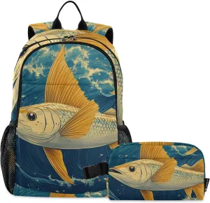 Kids Backpacks Set Sailfish Salmon Sea Wave Boys Girls Backpack with Lunch Bag Toddler Bookbag