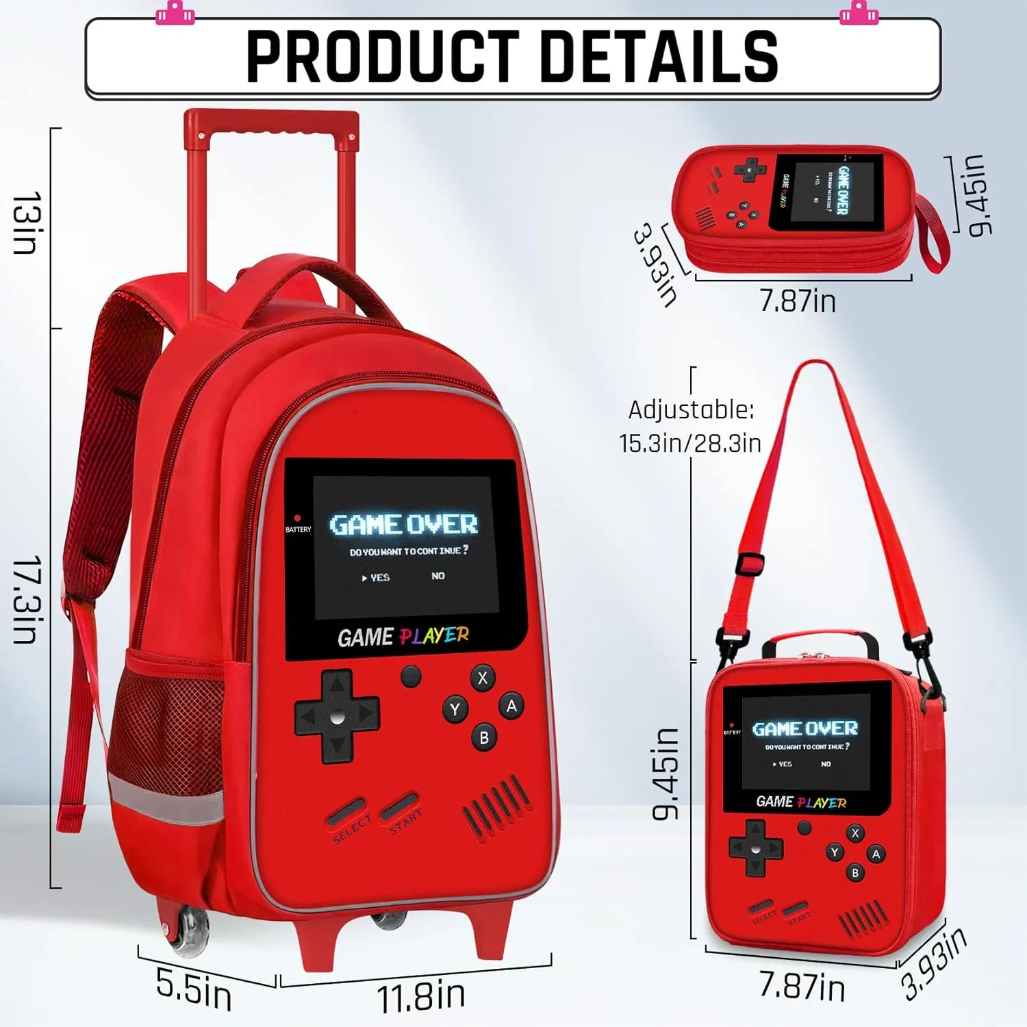 Kids Rolling Backpack for Boys - 3PCS Gamer Boys Rolling Backpack with Lunch Bag Set, Elementary Middle School Roller Bookbag with Adjustable Handle for Travel & School