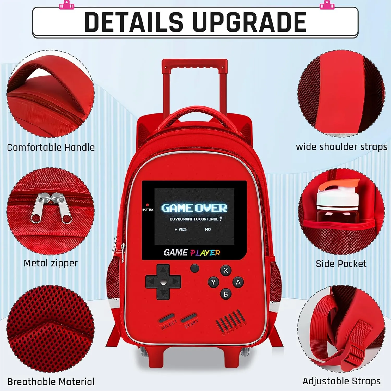 Kids Rolling Backpack for Boys - 3PCS Gamer Boys Rolling Backpack with Lunch Bag Set, Elementary Middle School Roller Bookbag with Adjustable Handle for Travel & School