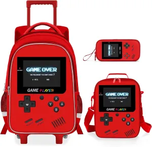 Kids Rolling Backpack for Boys - 3PCS Gamer Boys Rolling Backpack with Lunch Bag Set, Elementary Middle School Roller Bookbag with Adjustable Handle for Travel & School