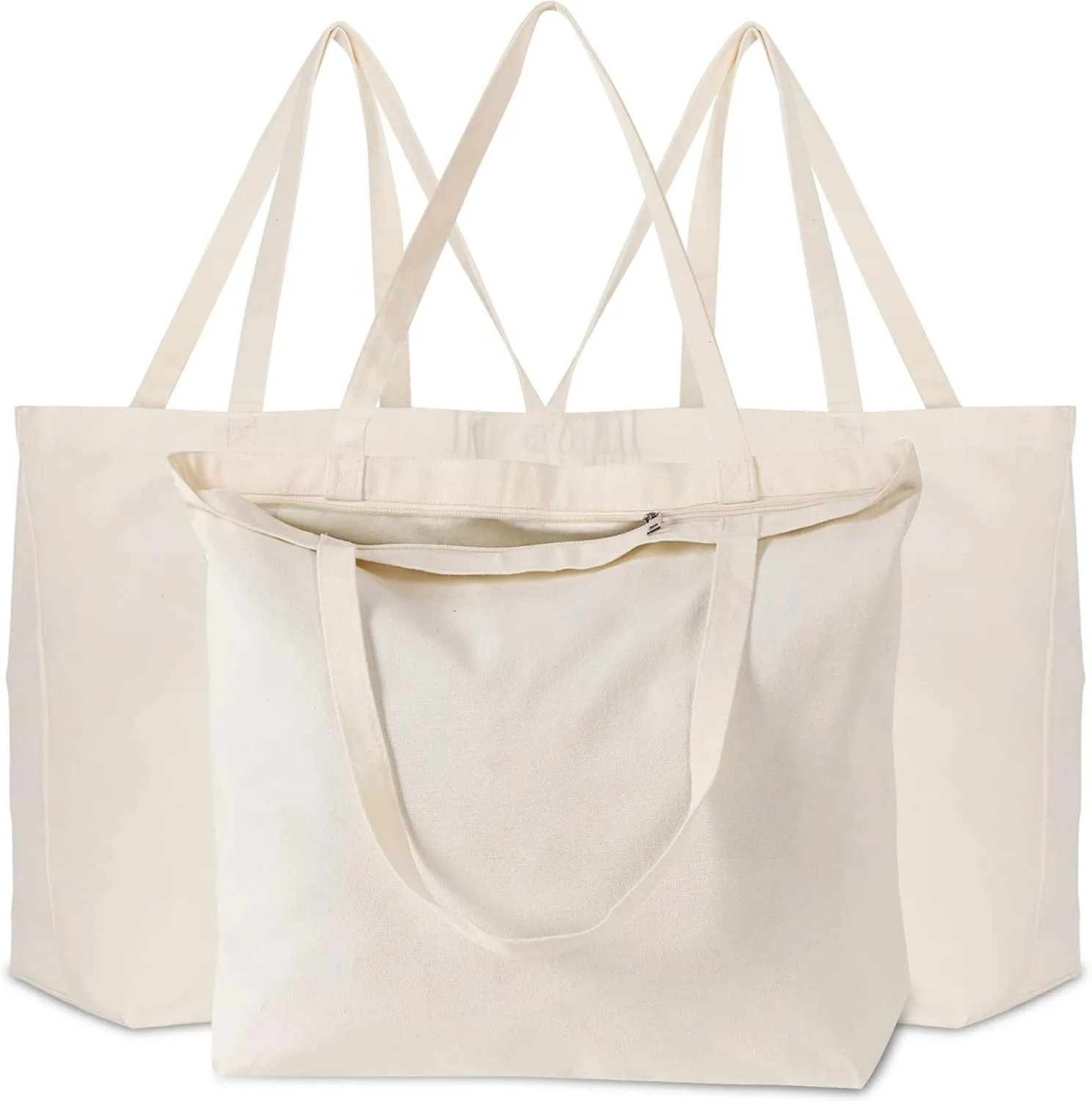 Koolmox Canvas Tote Bag with Zipper, 22x16x7.8‘’ Plain Tote Bag with Reinforced Handles, 12 Oz Durable Canvas Bag Wide Bottom for Teacher Cricut Print, Tie Dye, Paint, Heat Transfer DIY Crafting