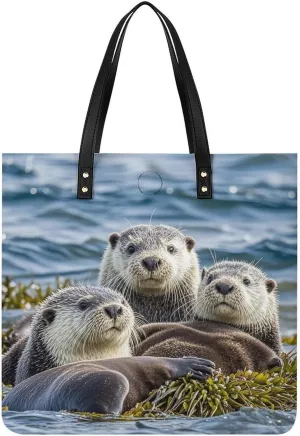 Large Grocery Bags Beach Tote Sea Otter Family Bag for Women Shoulder Bag for Travel Work Handbag