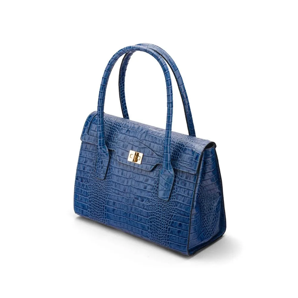 Large Leather Morgan Bag - Blue Croc-Effect