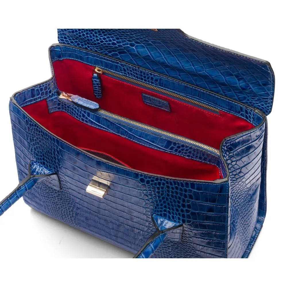 Large Leather Morgan Bag - Blue Croc-Effect