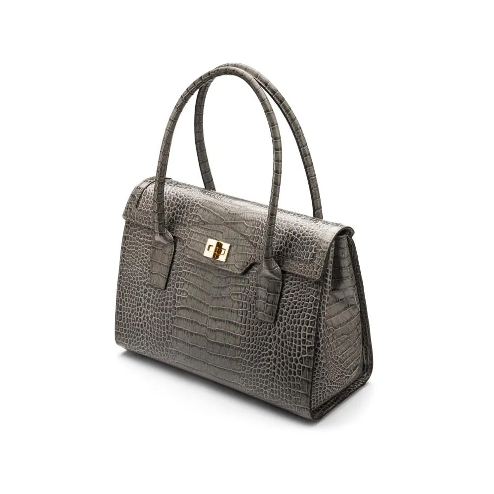 Large Leather Morgan Bag - Grey Croc-Effect