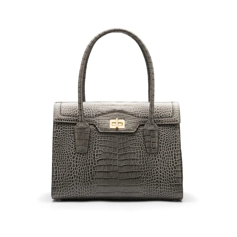 Large Leather Morgan Bag - Grey Croc-Effect