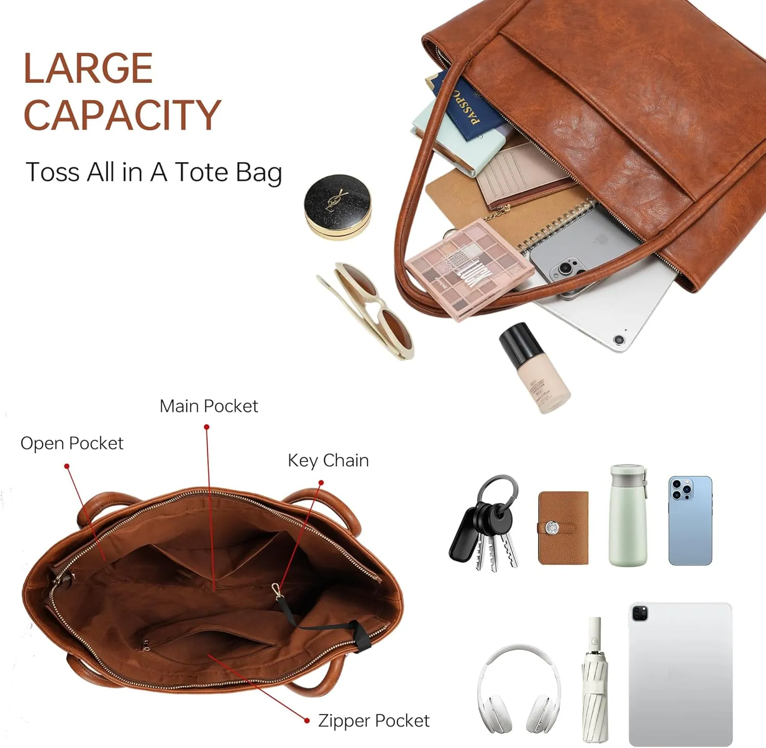 Large Tote Bag for Women Work Vegan Leather Purses and Handbags Ladies Shoulder Bags