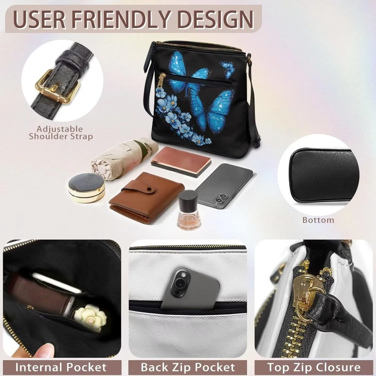 Leather Crossbody Bags for Women Tote Bag with Zipper Waterproof Shoulder Bag Travel Work Soft Handbag