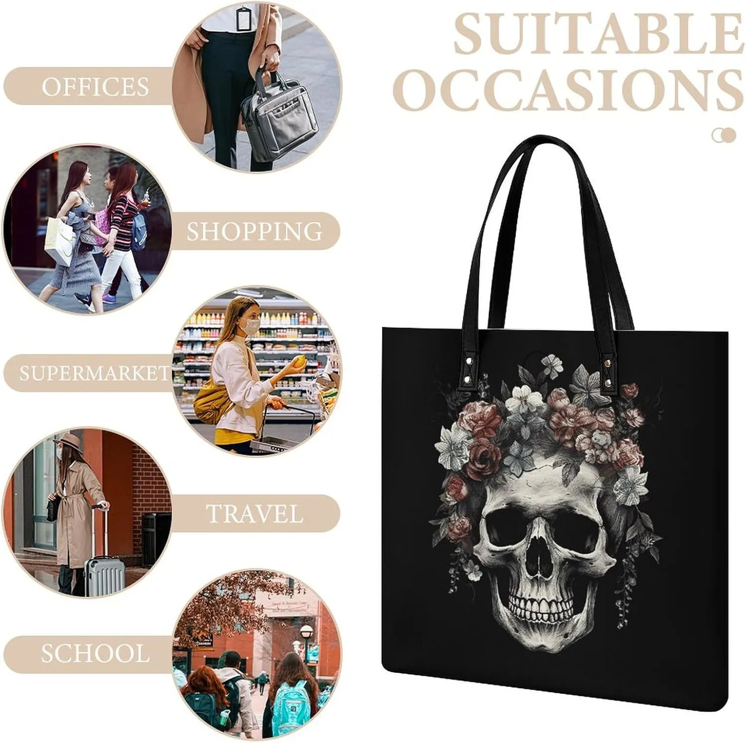 Leather Handbag for Women Tote Bag with Magnetic Buckle Skull in Darkness Crossbody Bag Shoulder Bags