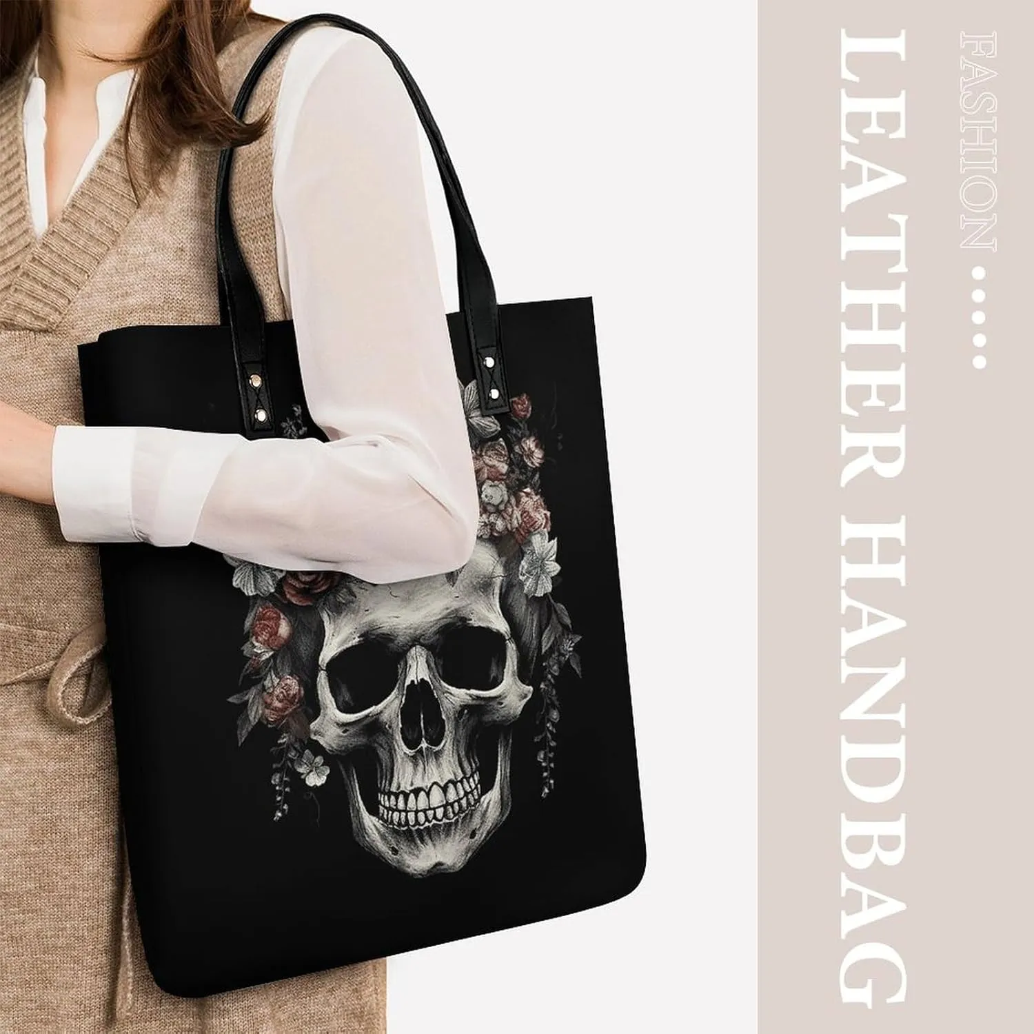 Leather Handbag for Women Tote Bag with Magnetic Buckle Skull in Darkness Crossbody Bag Shoulder Bags