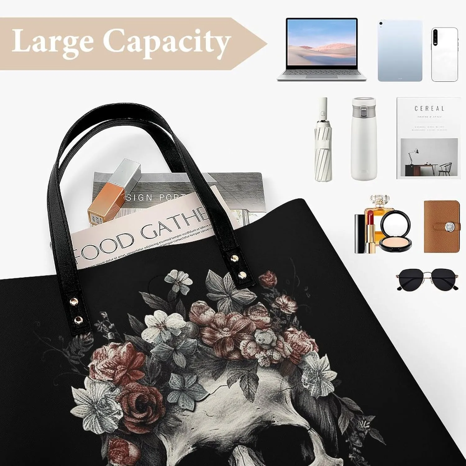 Leather Handbag for Women Tote Bag with Magnetic Buckle Skull in Darkness Crossbody Bag Shoulder Bags