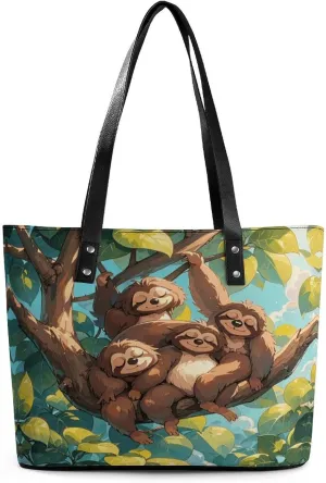 Leather Lady's Handbag Cute Sloth Print Leather Tote Bags For Women Trendy Ladies Shoulder Bag for Work, Travel, Casual Use