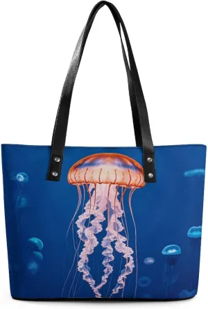 Leather Lady's Handbag Jellyfish Academy Print Leather Tote Bags For Women Trendy Ladies Shoulder Bag for Work, Travel, Casual Use
