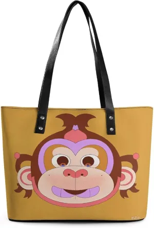 Leather Lady's Handbag Monkey Motif Print Leather Tote Bags For Women Trendy Ladies Shoulder Bag for Work, Travel, Casual Use
