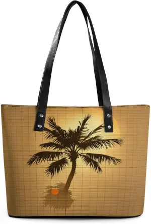 Leather Lady's Handbag Palm Tree Sun And Grid Print Leather Tote Bags For Women Trendy Ladies Shoulder Bag for Work, Travel, Casual Use
