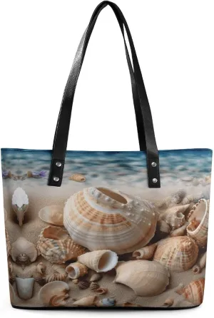 Leather Lady's Handbag,Seashells by The Seashore Print Shoulder Bag,Tote Bags for Women, Shoulder Purses,Work Handbags