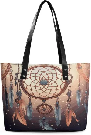Leather Tote Bag Crossbody Bags for Women Fashion Top Handle Handbag Native American Dream Catcher Ladies Shoulder Bags Casual Beach Bag Gym Bages Ladies Purses for Shopping Work Travel