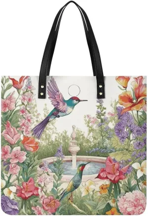 Leather Tote Shoulder Handbag Garden with Birds And Flowers Tote Bag for Woman Shopping Bags for Work Travel