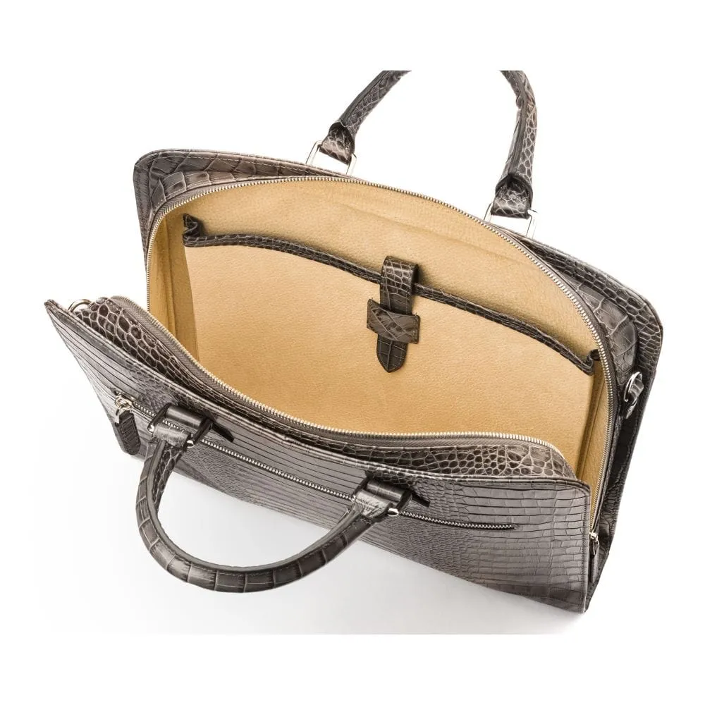 Leather Trinity 13" Laptop Briefcase - Grey Croc-Effect
