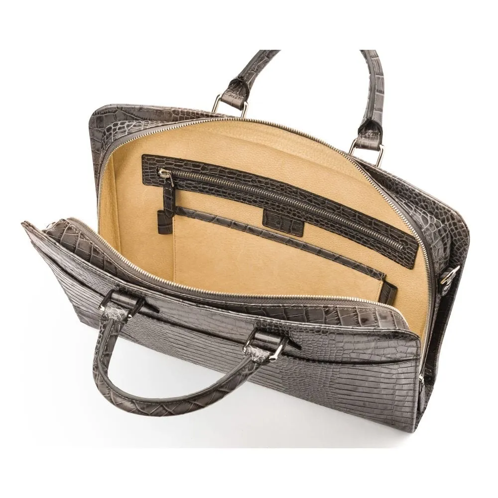 Leather Trinity 13" Laptop Briefcase - Grey Croc-Effect