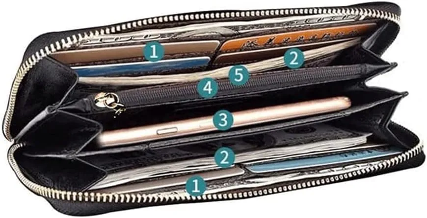 Leather Wallet Pu Leather Women's Wallet Creative Fashion Flower Long Purse Clutch Ladies Large Capacity Zipper Coin Pocket Black Large Capacity (Black,10x20cm)