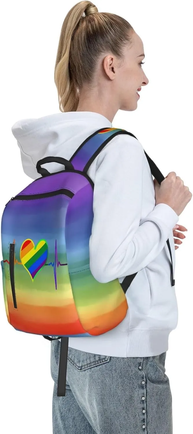 LGBT Rainbow Gay Pride Heart Beat Pulse Travel Laptop Backpack Casual Backpacks Double Shoulder Daypack Notebook Rucksack Work Bags Sports Bag for Gym Hiking Camping Beach
