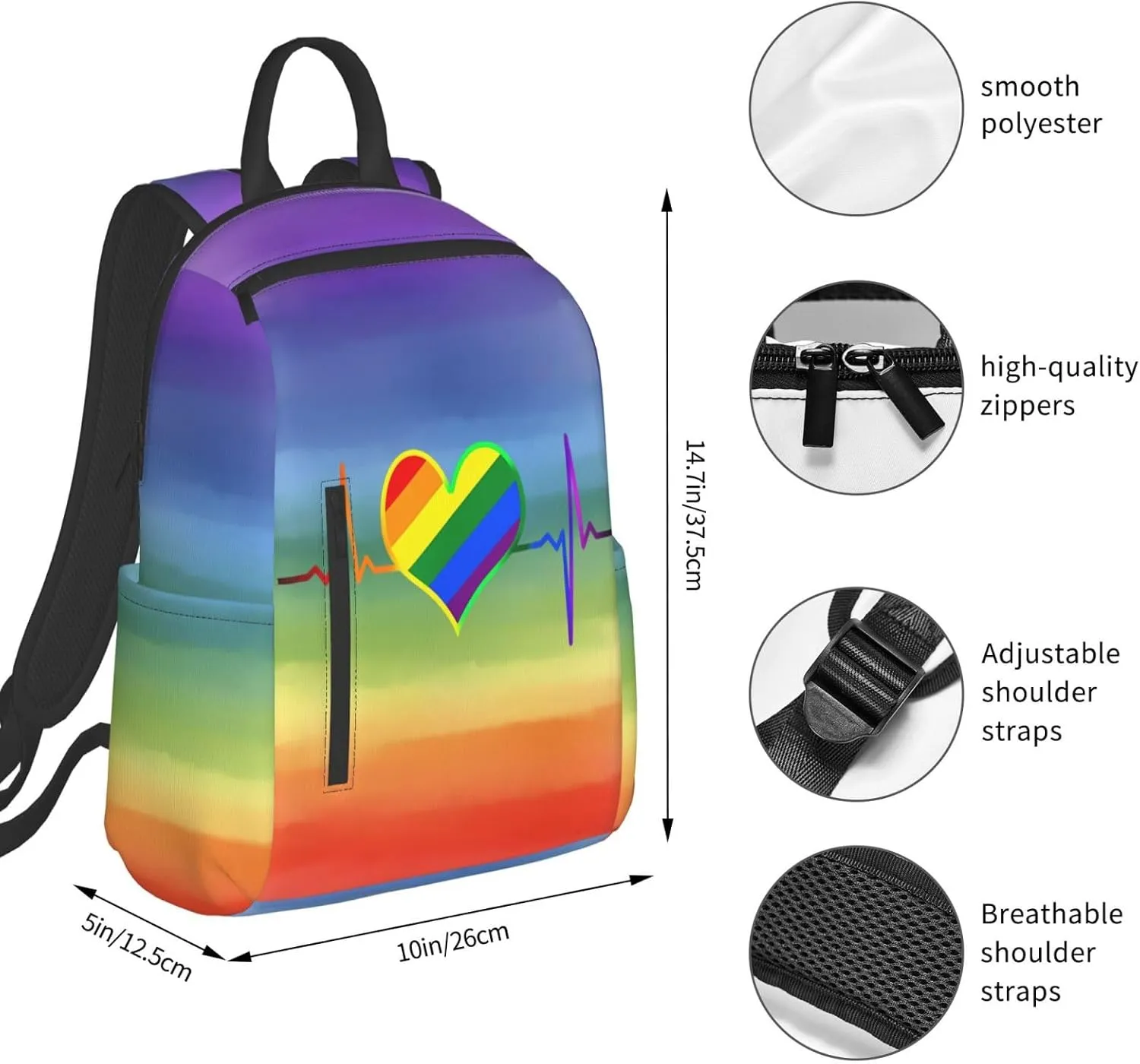 LGBT Rainbow Gay Pride Heart Beat Pulse Travel Laptop Backpack Casual Backpacks Double Shoulder Daypack Notebook Rucksack Work Bags Sports Bag for Gym Hiking Camping Beach