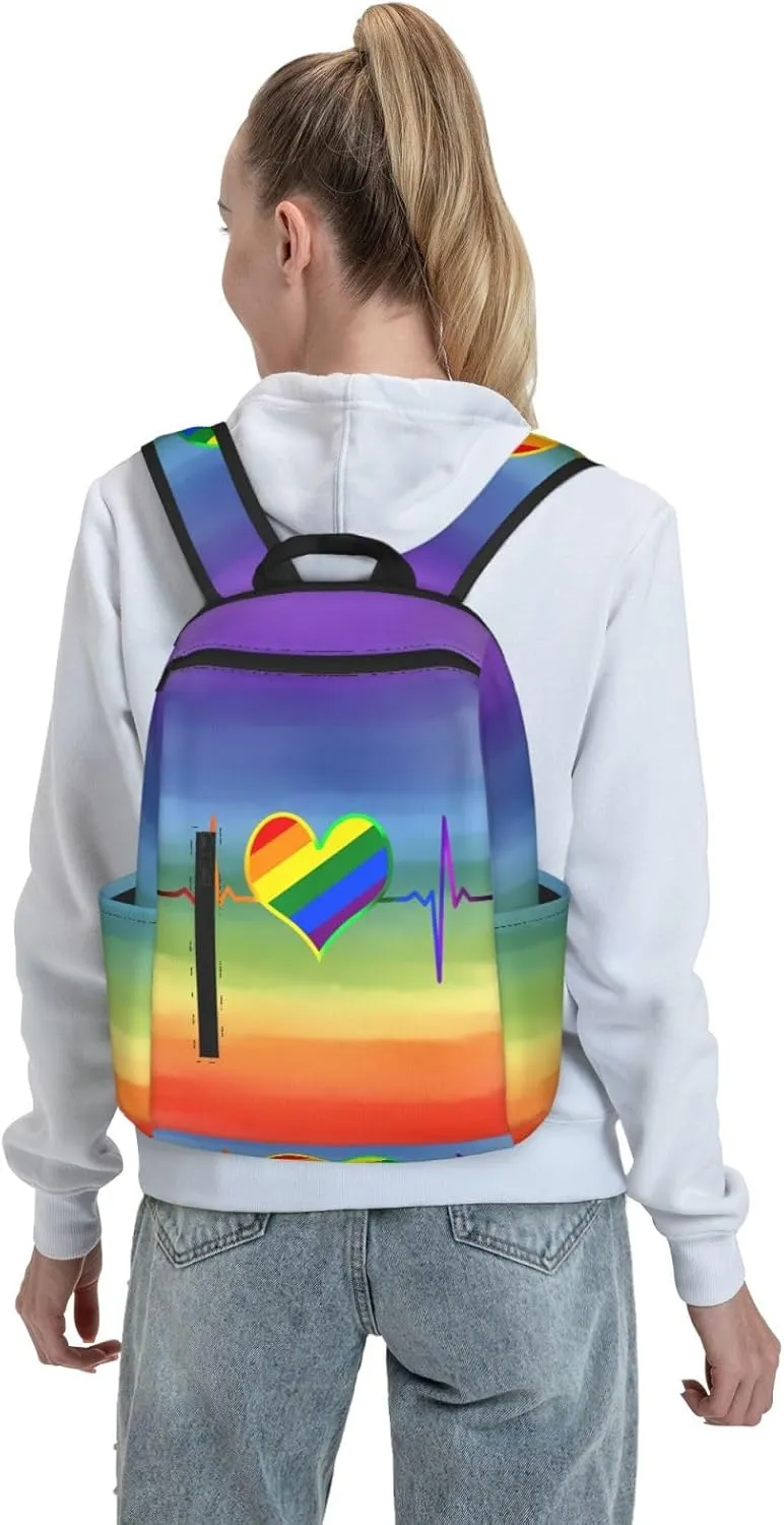 LGBT Rainbow Gay Pride Heart Beat Pulse Travel Laptop Backpack Casual Backpacks Double Shoulder Daypack Notebook Rucksack Work Bags Sports Bag for Gym Hiking Camping Beach