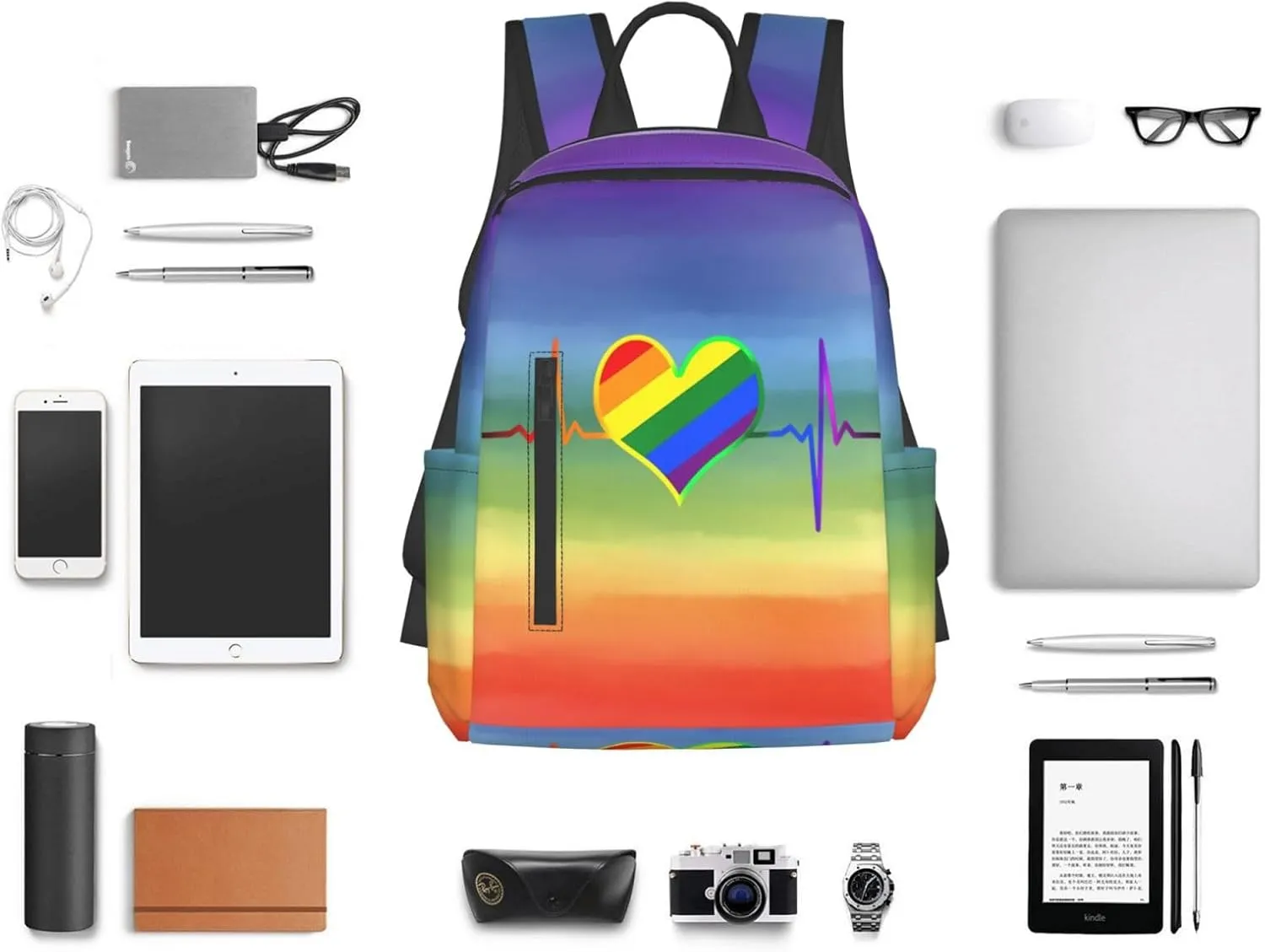 LGBT Rainbow Gay Pride Heart Beat Pulse Travel Laptop Backpack Casual Backpacks Double Shoulder Daypack Notebook Rucksack Work Bags Sports Bag for Gym Hiking Camping Beach