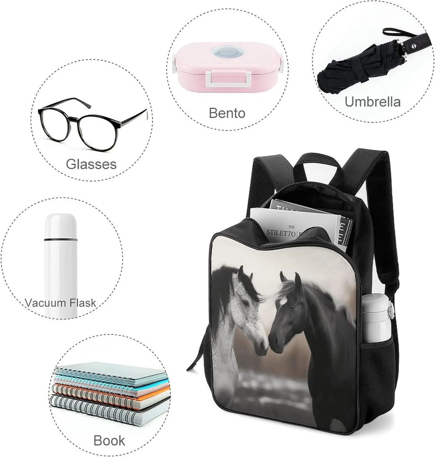 Lightweight Backpacks Cute Travel Bag Durable Black And White Horses Printing Small Travel Backpack For Women & Men