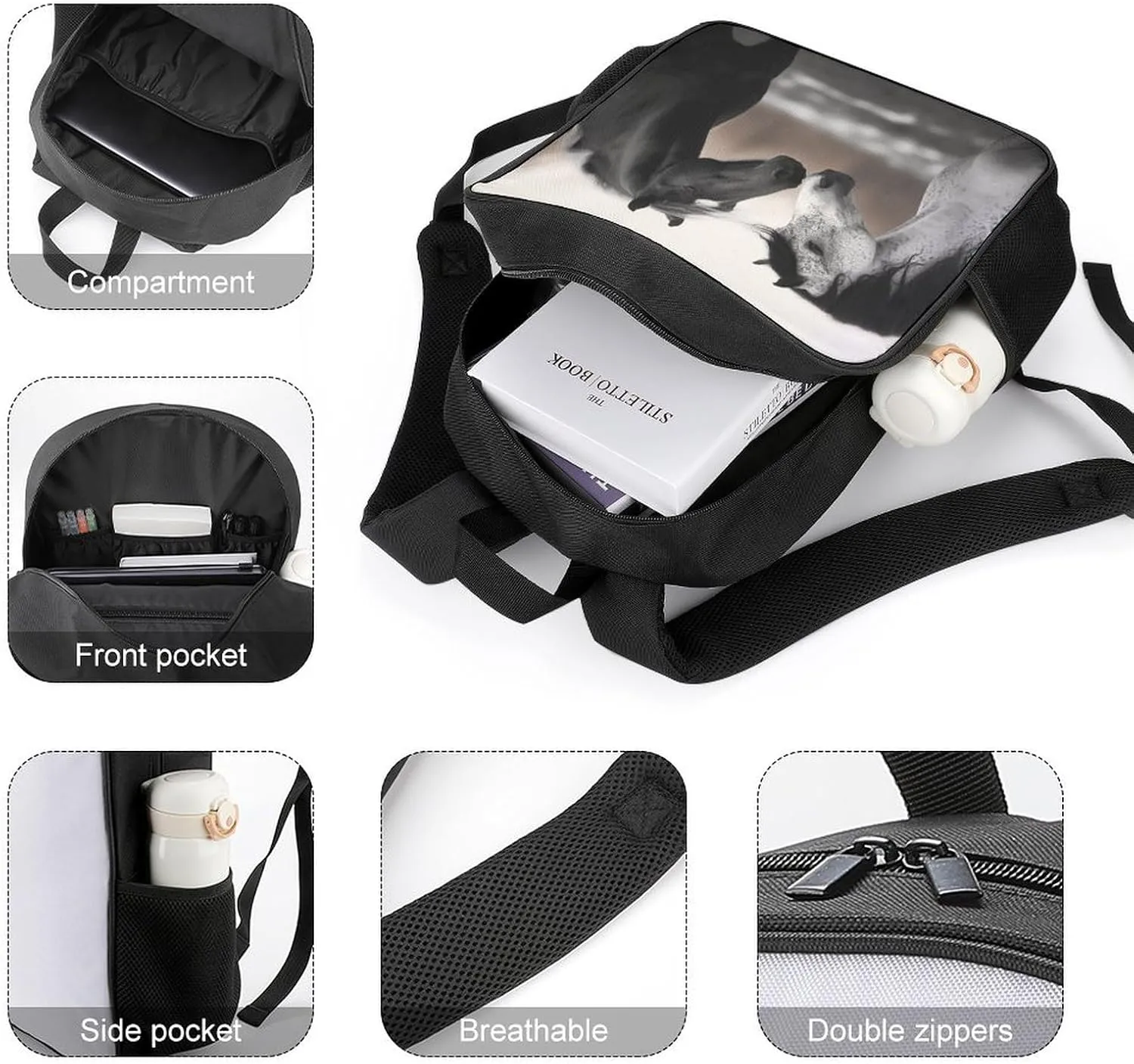 Lightweight Backpacks Cute Travel Bag Durable Black And White Horses Printing Small Travel Backpack For Women & Men