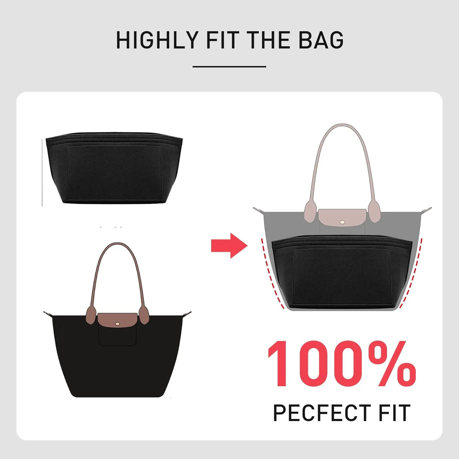 Longchamp Purse Organizer Insert Compatible with Le Pliage Large Tote Handbags, Felt Zipper Bag Organizer Insert with Cup Holder, 8 Compartments (Black,L)