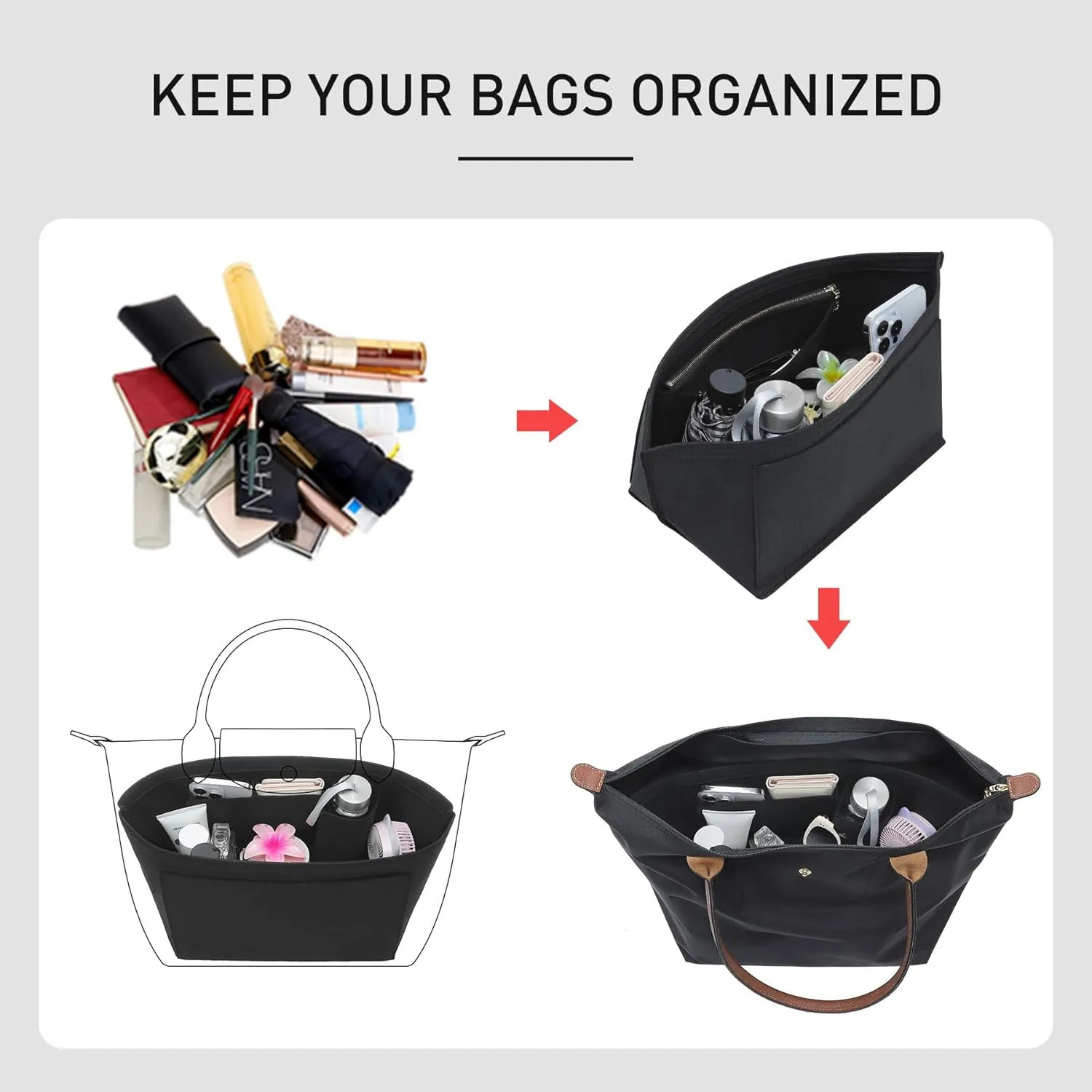 Longchamp Purse Organizer Insert Compatible with Le Pliage Large Tote Handbags, Felt Zipper Bag Organizer Insert with Cup Holder, 8 Compartments (Black,L)