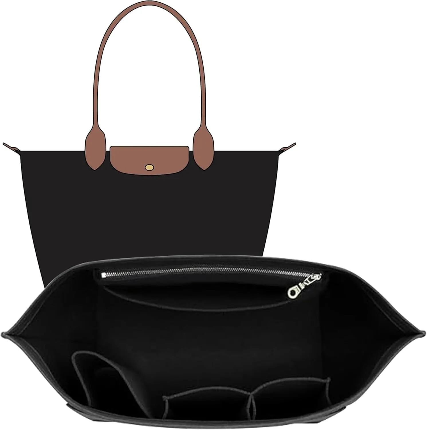 Longchamp Purse Organizer Insert Compatible with Le Pliage Large Tote Handbags, Felt Zipper Bag Organizer Insert with Cup Holder, 8 Compartments (Black,L)