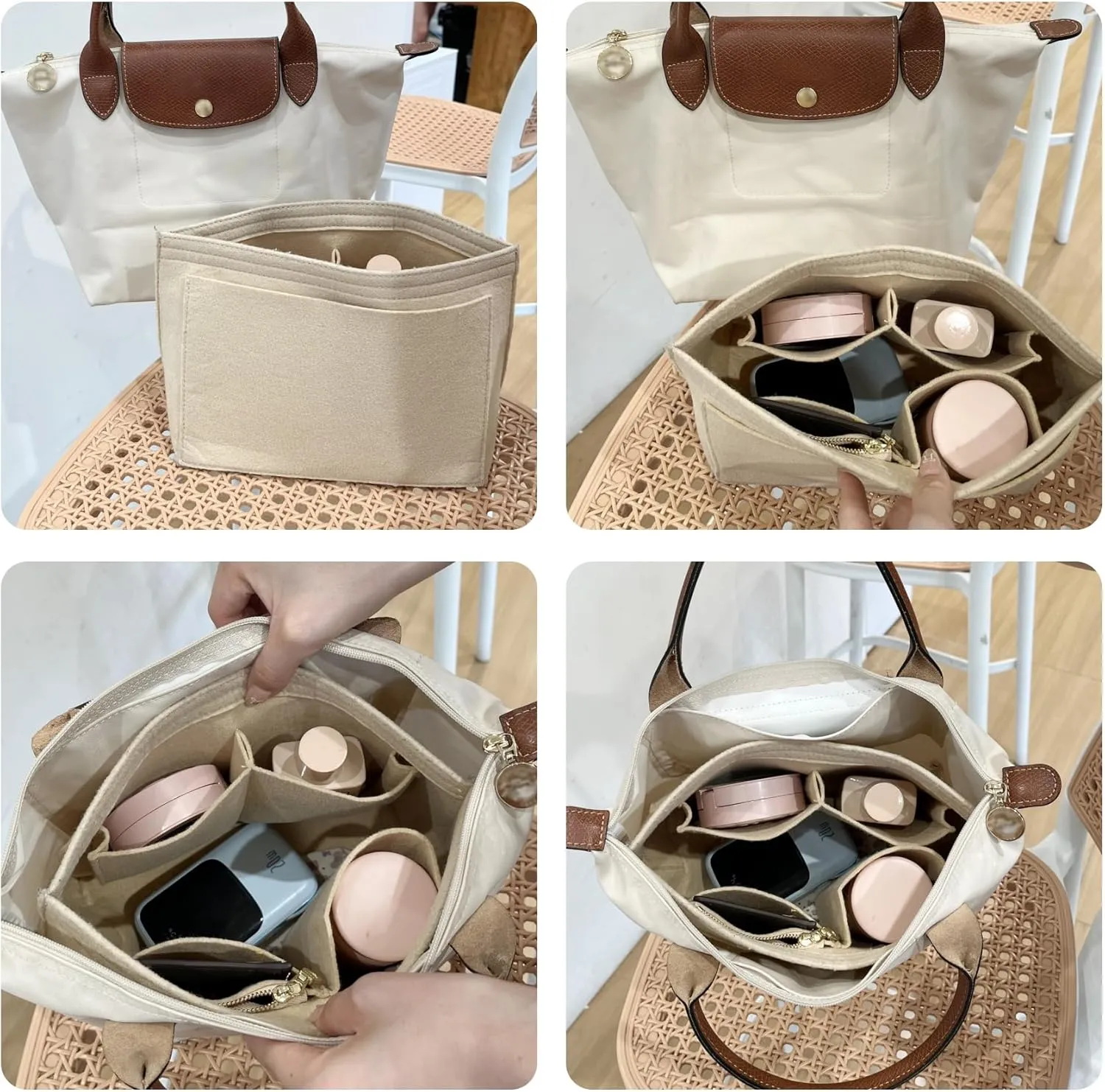 Longchamp Purse Organizer Insert Compatible with Le Pliage Large Tote Handbags, Felt Zipper Bag Organizer Insert with Cup Holder, 8 Compartments (Black,L)
