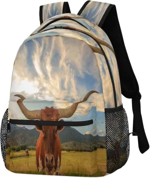 Longhorn Steer Backpack, Animal Bull Fashion Laptop Backpacks Travel Bag College Casual Bag Hiking Camping Daypack for Women Men