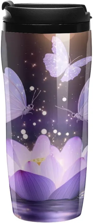 Lotuses Flower And Butterfly Coffee Mug with Lid Portable Tumbler Water Bottle for Travel Business 350ml