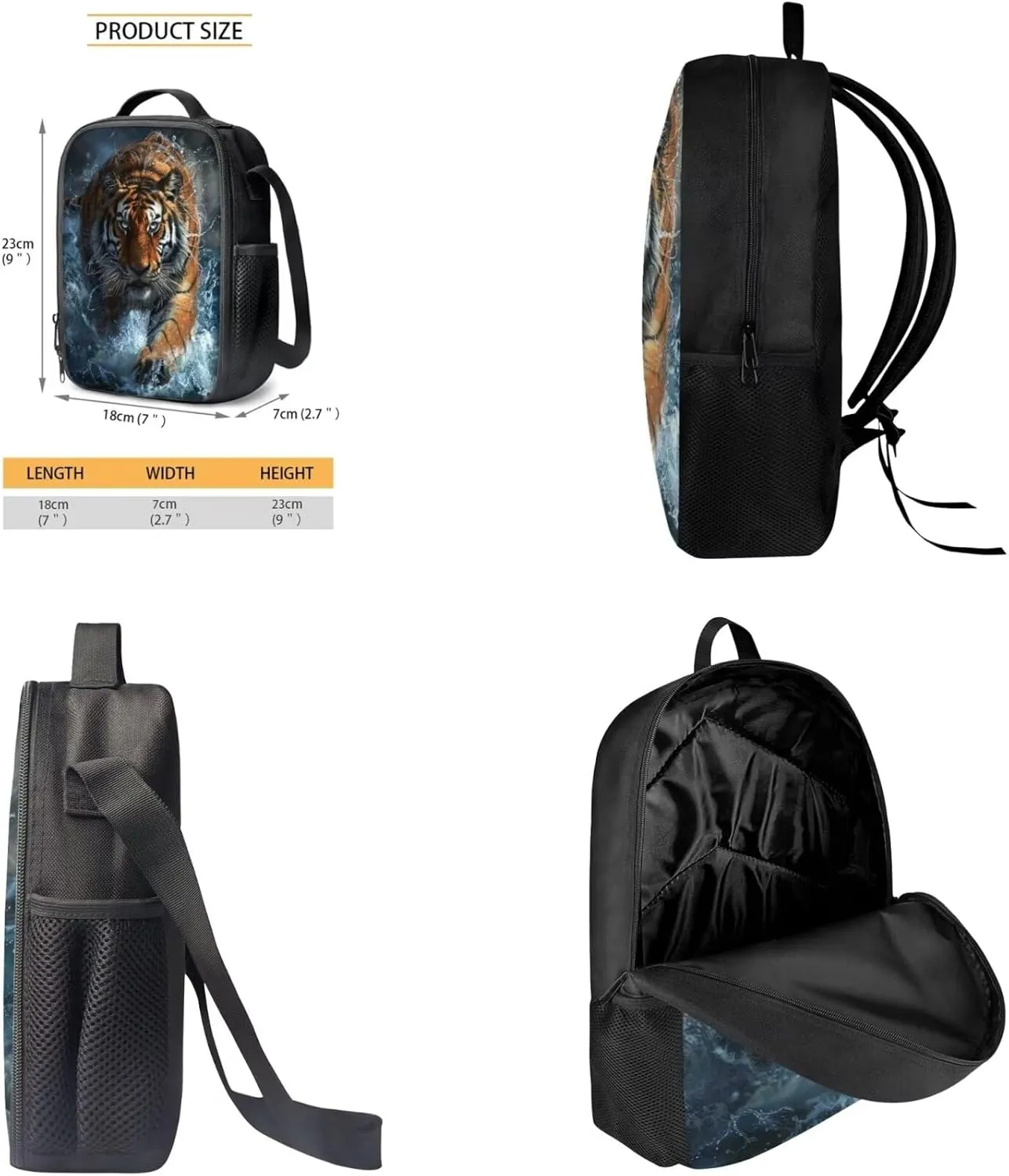 Lotusorchid Water Tiger Backpack Sets 3 for Boys, 3D Large Capacity Students Bookbag with Lunch Box Pencil Case for Kids, Comfy Knapsack Lightweight 3PCs School Bag for High Middle School
