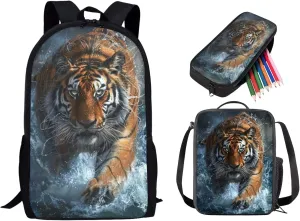 Lotusorchid Water Tiger Backpack Sets 3 for Boys, 3D Large Capacity Students Bookbag with Lunch Box Pencil Case for Kids, Comfy Knapsack Lightweight 3PCs School Bag for High Middle School