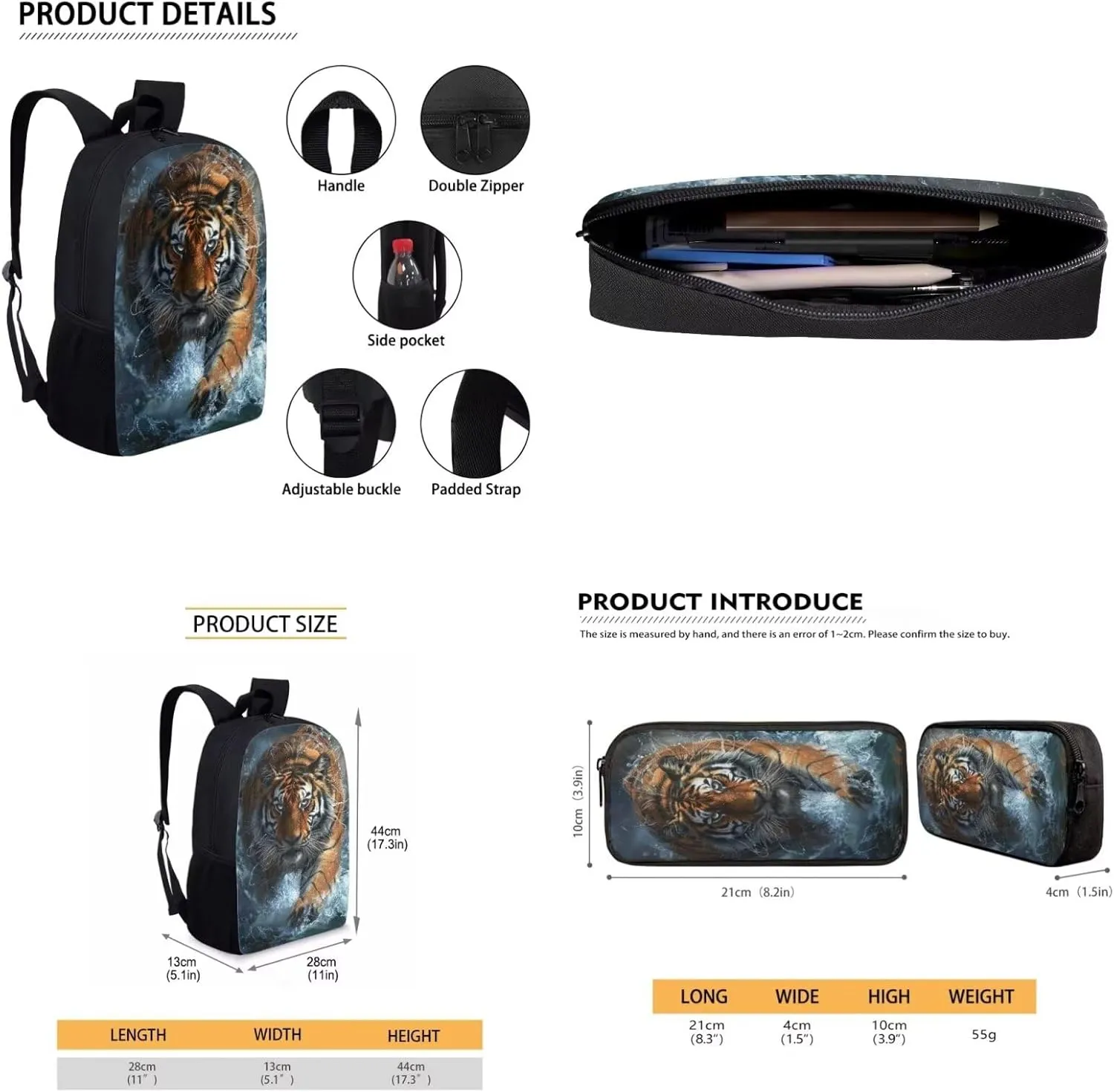 Lotusorchid Water Tiger Backpack Sets 3 for Boys, 3D Large Capacity Students Bookbag with Lunch Box Pencil Case for Kids, Comfy Knapsack Lightweight 3PCs School Bag for High Middle School