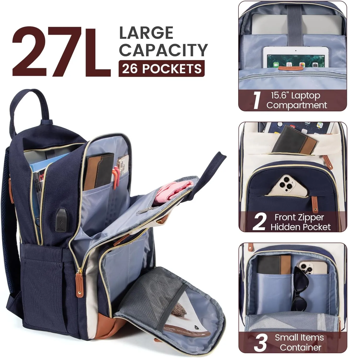 LOVEVOOK Backpack for Women,Laptop Backpack Women,Fits 15.6 Inch Laptop Bag,School Backpacks,Fashion Travel Work Anti-theft Bag,Waterproof Business Computer College Backpack Purse,Beige-Blue-Brown