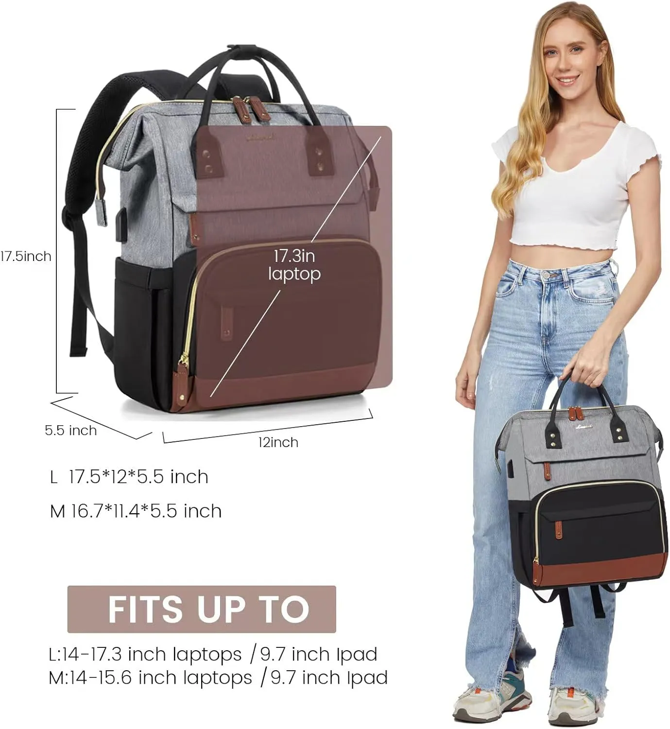 LOVEVOOK Laptop Backpack for Women, 17 Inch Work Business Backpacks Purse with USB Port, Large Capacity Nurse Bag College Bookbag for School, Waterproof Casual Daypack for Travel
