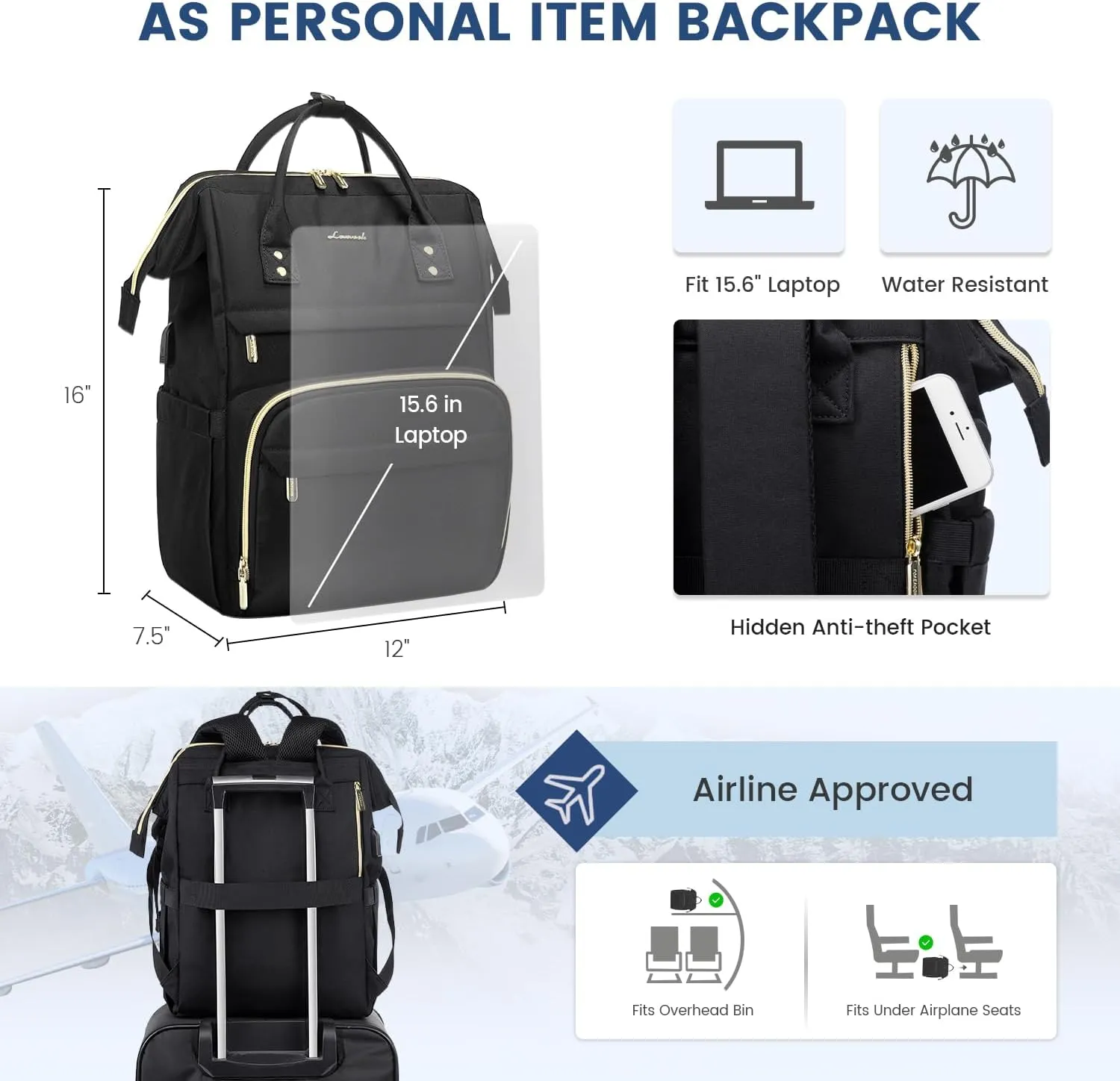 LOVEVOOK Laptop Backpack Women, 15.6 Inch Work Backpack Woman for Teacher Nurse Bags, Computer College Backpack Purse, Waterproof Anti-theft Travel Back Pack with USB Charging Port, Black