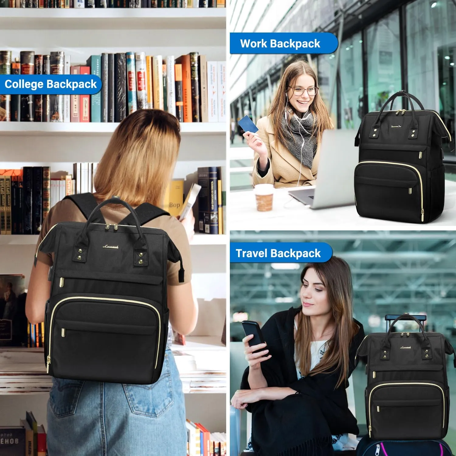 LOVEVOOK Laptop Backpack Women, 15.6 Inch Work Backpack Woman for Teacher Nurse Bags, Computer College Backpack Purse, Waterproof Anti-theft Travel Back Pack with USB Charging Port, Black
