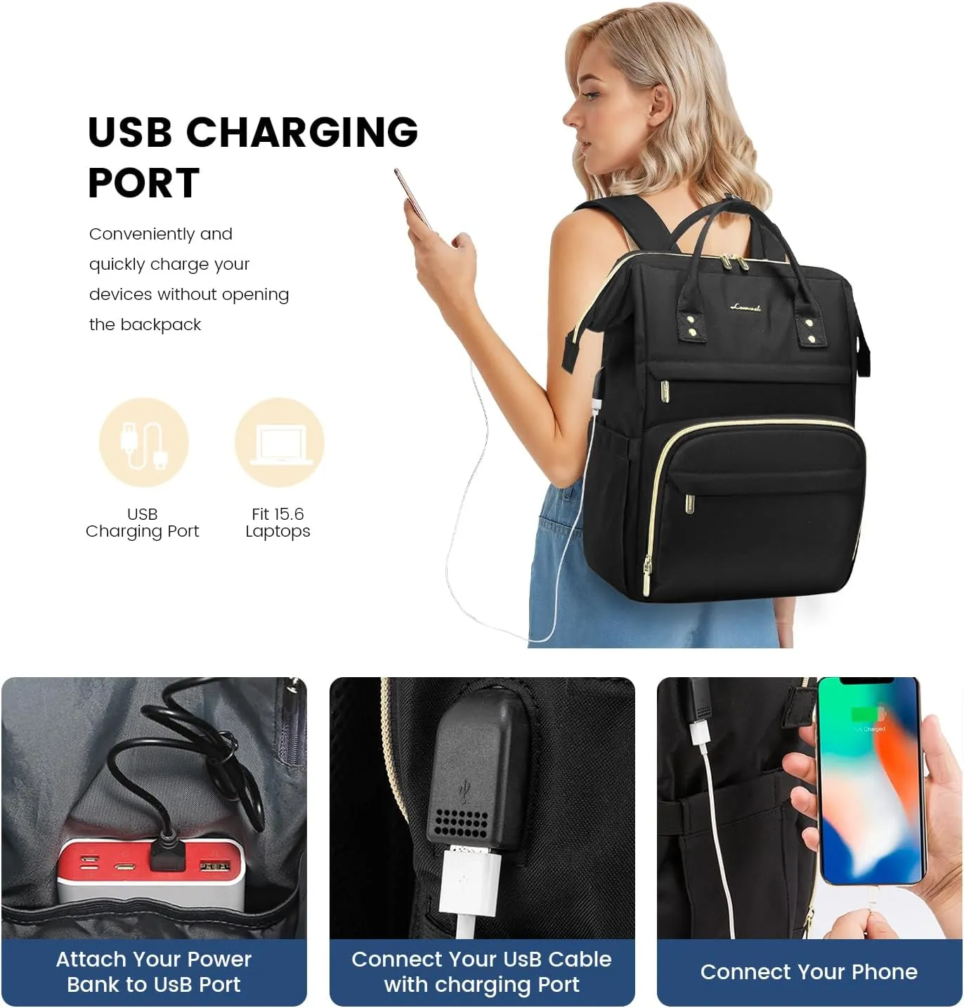 LOVEVOOK Laptop Backpack Women, 15.6 Inch Work Backpack Woman for Teacher Nurse Bags, Computer College Backpack Purse, Waterproof Anti-theft Travel Back Pack with USB Charging Port, Black