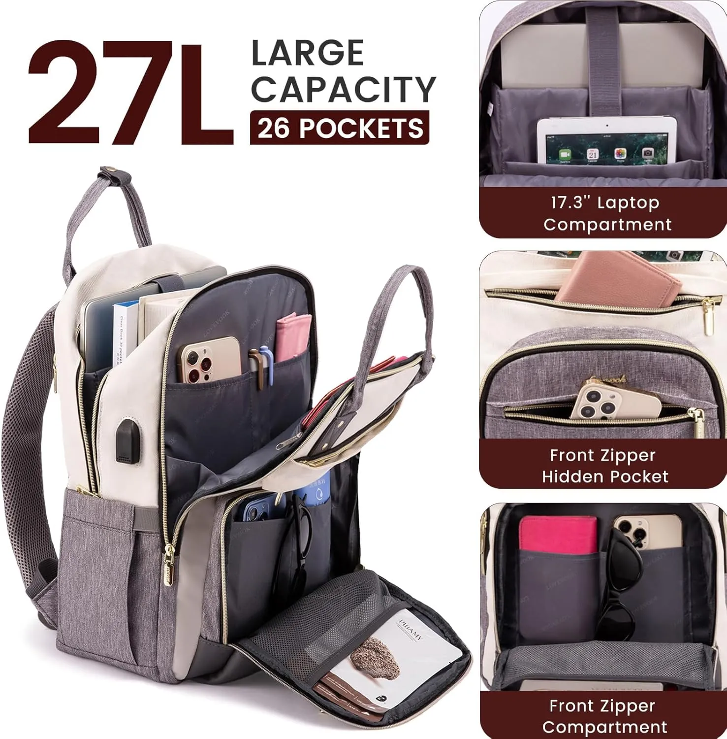 LOVEVOOK Laptop Backpack Women,Large Capacity 17.3 inch Laptop Bag Travel Backpack for Women,Computer Work College Teacher Backpacks with USB Port,Waterproof Personal Item Backpack Casual Daypack