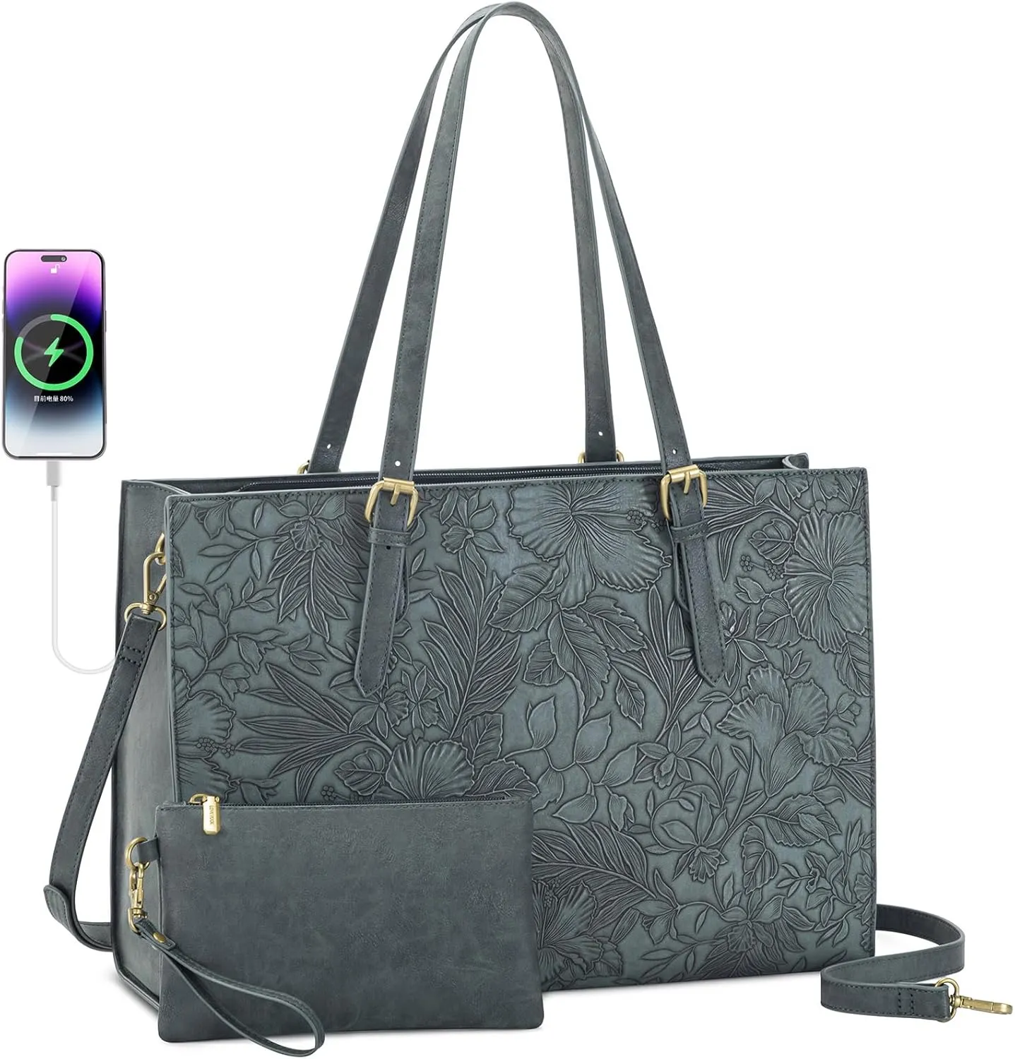 LOVEVOOK Laptop Bag for Women, 15.6 Inch Large Waterproof Leather Work Briefcase with USB Charging Port Casual Computer Shoulder Bag Messenger, Fashion Business Office Tote Handbag Purse, Purple
