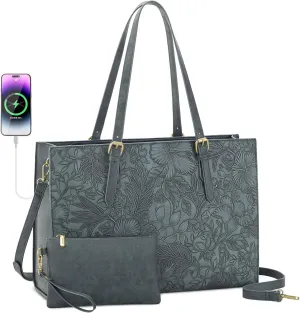 LOVEVOOK Laptop Bag for Women, 15.6 Inch Large Waterproof Leather Work Briefcase with USB Charging Port Casual Computer Shoulder Bag Messenger, Fashion Business Office Tote Handbag Purse, Purple