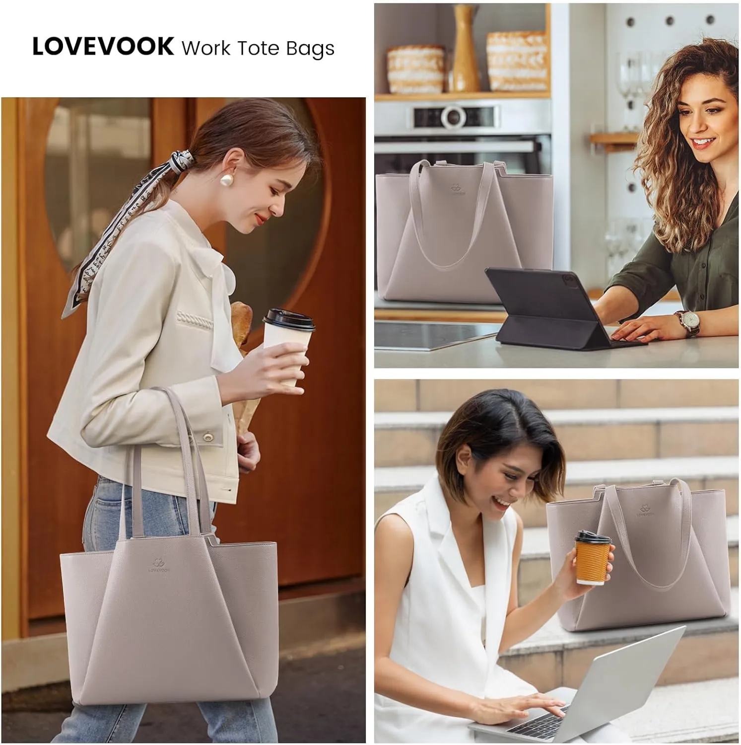 LOVEVOOK Laptop Tote Bag for Women 15.6 Inch Work Bag Leather Laptop Bag with Clutch, Large Capacity Office Purse Computer Briefcase Shoulder Bag for Casual Business Travel, Apricot&brown