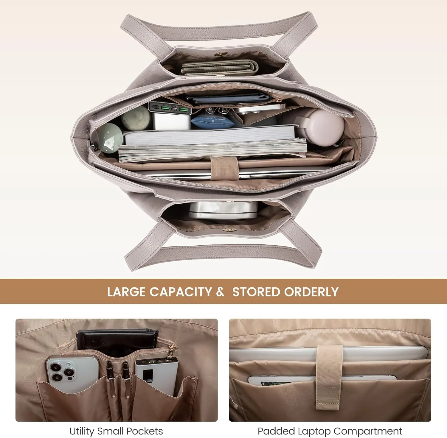 LOVEVOOK Laptop Tote Bag for Women 15.6 Inch Work Bag Leather Laptop Bag with Clutch, Large Capacity Office Purse Computer Briefcase Shoulder Bag for Casual Business Travel, Apricot&brown